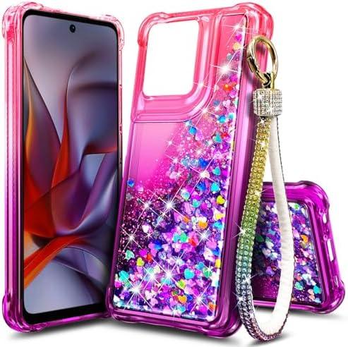 WDHD Compatible with Motorola Moto G-2025 Case Pink/Purple | Bling Sparkly Glitter Floating Liquid Waterfall Cute Phone Cover for Women Girls Kids with Diamond Wrist Strap Lanyard