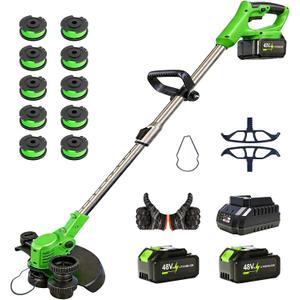 2026 Upgrade 48V 3 in 1 Electric Weed Wacker Cordless, 12’’ Electric Weed Eater Battery Powered 2x4.0AH, Cordless String Trimmer with Auto Spool Feed with 10 Replacement Spools - 1 pcs Green