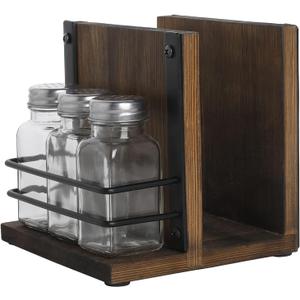 MyGift Napkin Holder with Salt and Pepper Shakers Set, Wood Tabletop Napkin Dispenser with Condiment Organizer and 3 Glass Shakers, Rustic Kitchen Dcor