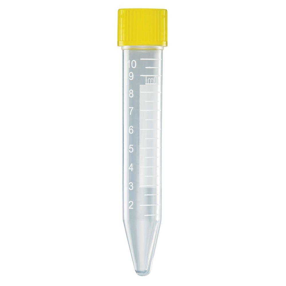 Globe Scientific 6293 Polypropylene General Purpose Centrifuge Tube with Attached Yellow Screw Cap, Sterile, 10mL Capacity (Case of 1000)