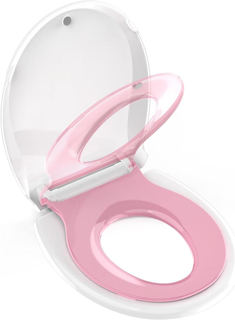 Potty Training Seat Built-in Toilet Seat, Round Toilet Seat 16.5inch with Baby Seat 2 in 1 Soft Close Quiet No Slapping, Magnetic Absorption, Easy Installation for Bottom Fixing Toilet White and Pink