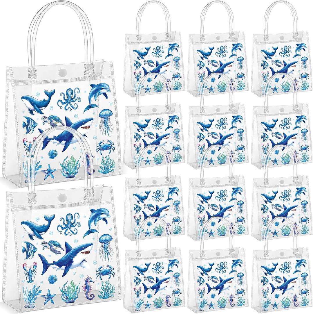 Tenceur 24 Pcs Under the Sea Party Favor Bags Sea Animals PVC Clear Ocean Gift Bags with Handle Ocean Animals Shark Theme Goodies for Birthday Baby Shower Supplies Candy Snack Treat Wrapping