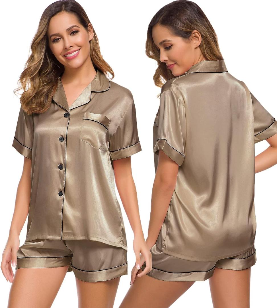 SWOMOG Womens Silk Satin Pajamas Set Short Sleeve Sleepwear Button Down Top and Shorts Loungewear 2 Piece Pjs Set XS-3XL (Small, Opaue Couche)