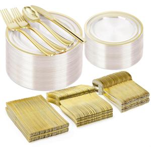 BESTVIP 300PCS Clear Gold Plastic Plate Set (50 Guests), Disposable Dinnerware Set for Party, Wedding, Birthday - 100 Plates, 100 Forks, 50 Spoons, 50 Knives for Christmas