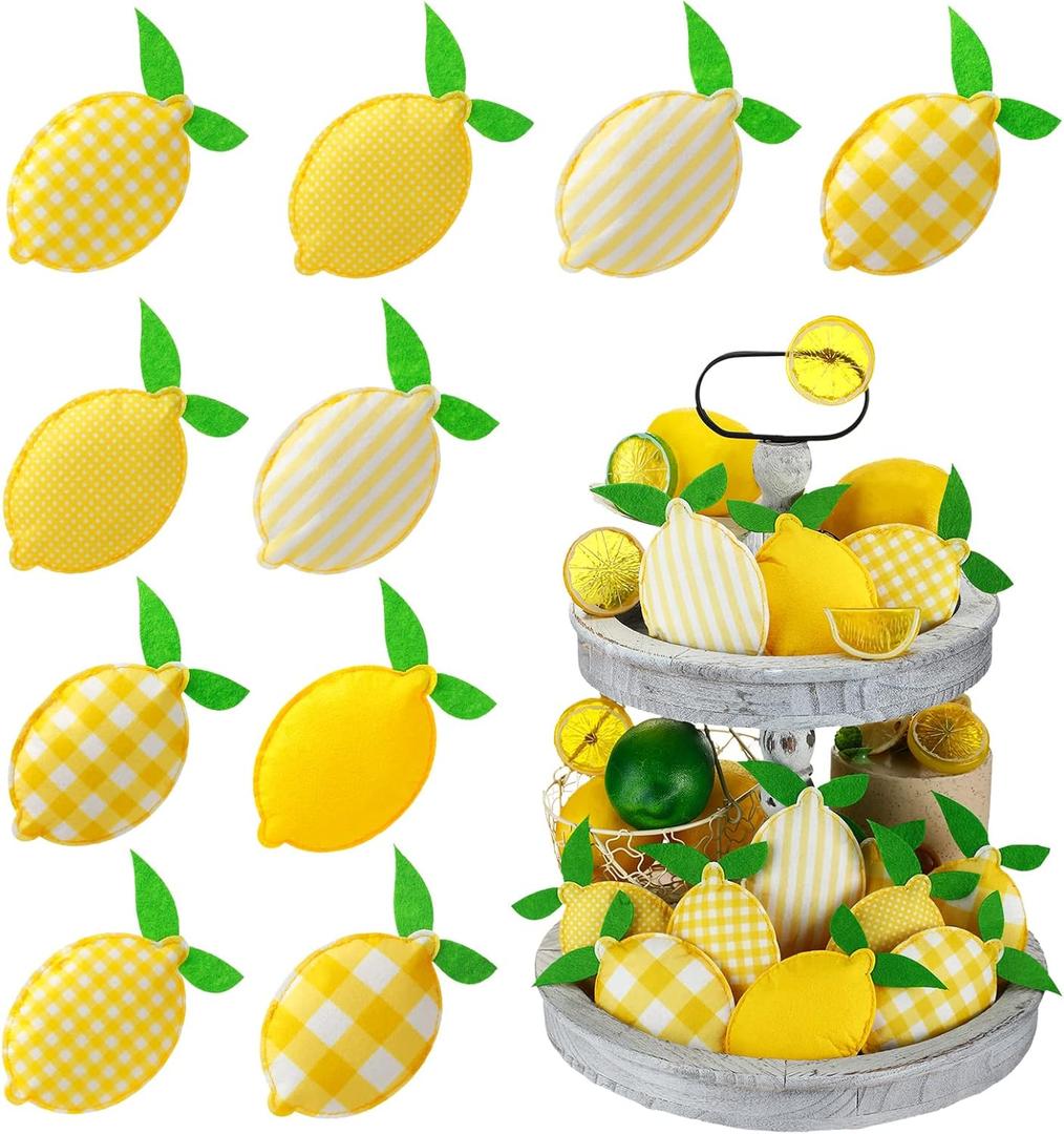 Patelai 12 Pcs Lemon Tiered Tray Decor Summer Stuffed Fabric Decoration 5 Inch Lemon Shaped Kitchen Decor Rustic Farmhouse for Tiered Tray Bowl Fillers Summer Home Supplies