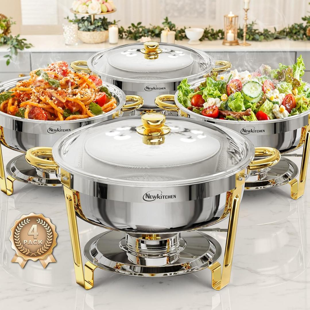 Chafing Dishes for Buffet 4 Pack, 6QT Round Chafing Dishes for Buffet [Elegant Gold and Silver Colors] Stainless Steel Chafing Dish Buffet Set for Any Party