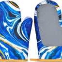 Cute Oven Mitts Heat Resistant Silicone Surface Oven Gloves with Quilted Liner Extended Non-Slip Pot Holders for Kitchen Baking Cooking Grilling(Blue Marble)