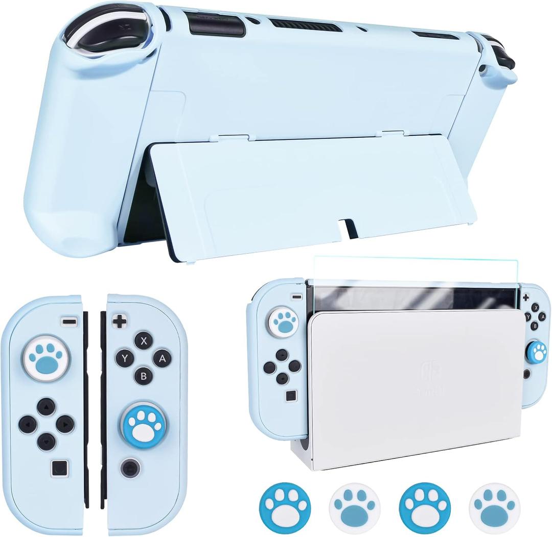 DLseego Protective Case Design for Nintendo Switch OLED Joy-Con Controllers New Model 2021 with Glass Screen Protector and 4 Cute Thumb Grip Caps, Anti-Scratch Baby Skin Touch Grip Cover  Blue