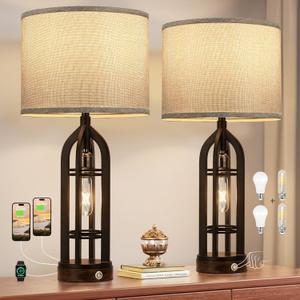 Seealle Table Lamp for Living Room Set of 2 - Bedside Lamp for Bedroom with USB C+A & Outlet, Farmhouse Lamps for Night Stands, 3-Way Dimmable Touch Lamps for Living Room with Grey Shade