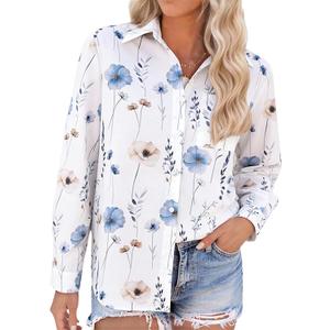 Wrinkle-Resistant Women's Button Down Shirts 2026 Spring Business Floral Prints Long Sleeve Casual Tops with Pockets, S
