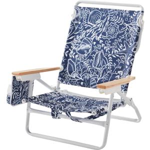 5-Position Low Beach Chair, Portable Lightweight Folding Beach Chair with Wooden Armrests, Storage Pouch & Carry Strap, Coastal Beach Print Reef Indigo