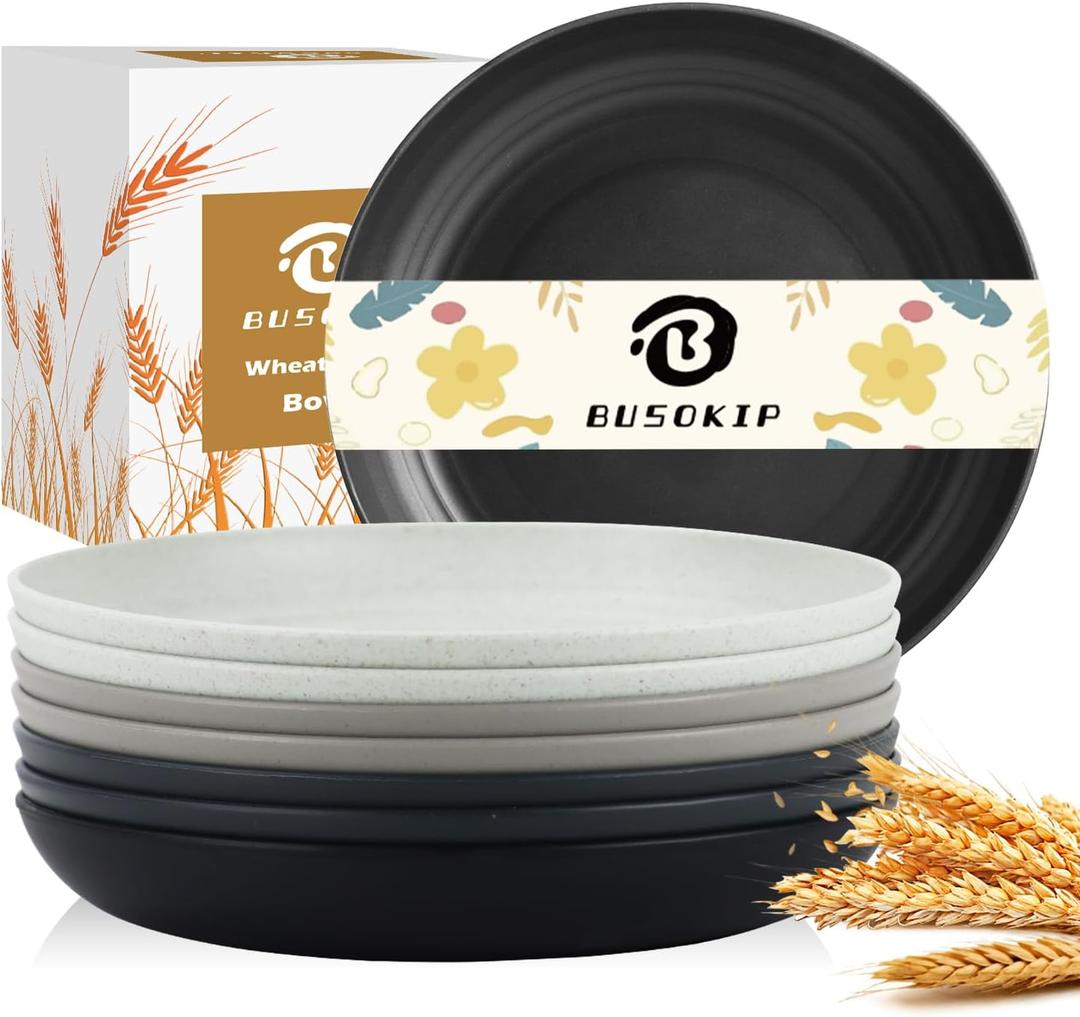 Wheat Straw Plates 9 Inch, Unbreakable Plastic Plates Reusable, Dinner Plates Set of 8, Lightweight Kitchen Plate, Dishwasher & Microwave Safe Plate for Outdoor, Camping, Picnic(Black, Grey)