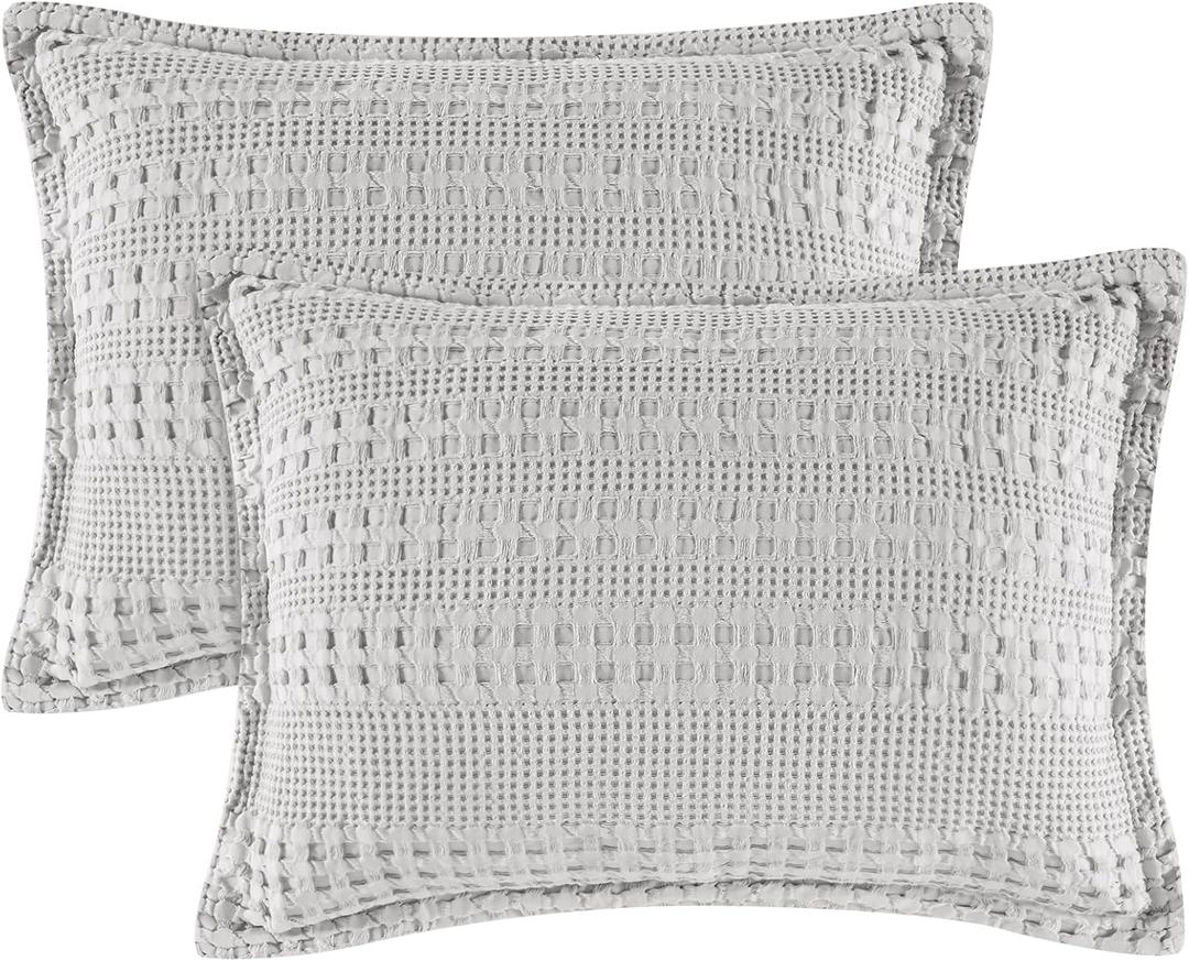PHF 100% Cotton Ruffle Waffle Pillow Shams Standard Size, 2 Pack 20" x 26" Soft Skin-Friendly Pillowcases, No Filling, Aesthetic Home Decor, Breathable Waffle Weave Bed Pillow Covers, Light Grey