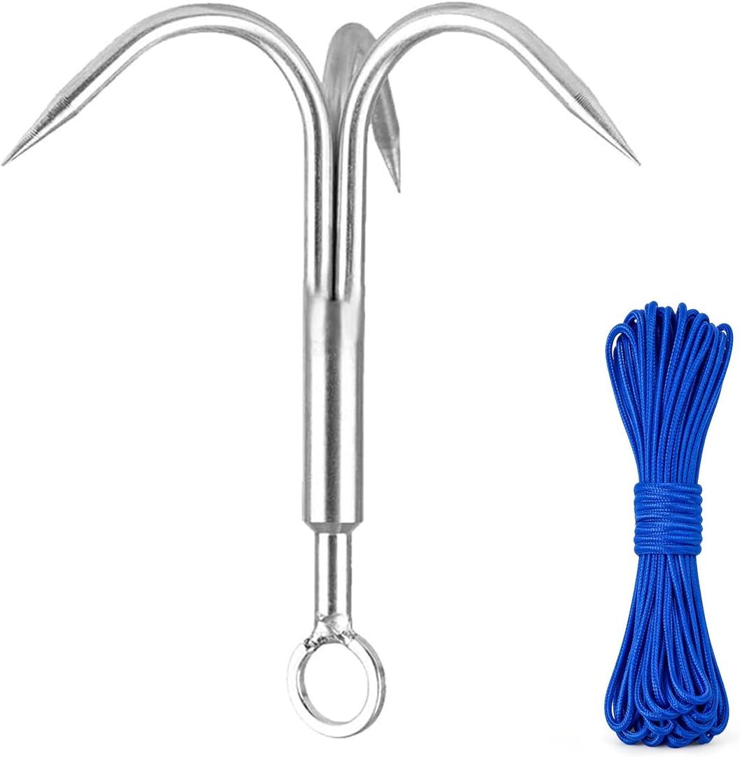 Yiliaw Gaff Hook, Grappling Hook with Rope, 50FT Nylon Rope, Stainless Steel 3-Claw Grapple Hook for Retrieval, Salvage & Magnet Fishing