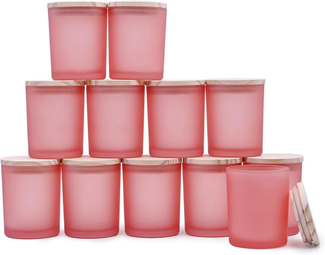 SHOWIN Thick Candle Jars for Making Candles 12 Pcs, 7 OZ Empty Jars with Wood Lids for Candle Making, Sample Container, Frosted Pink