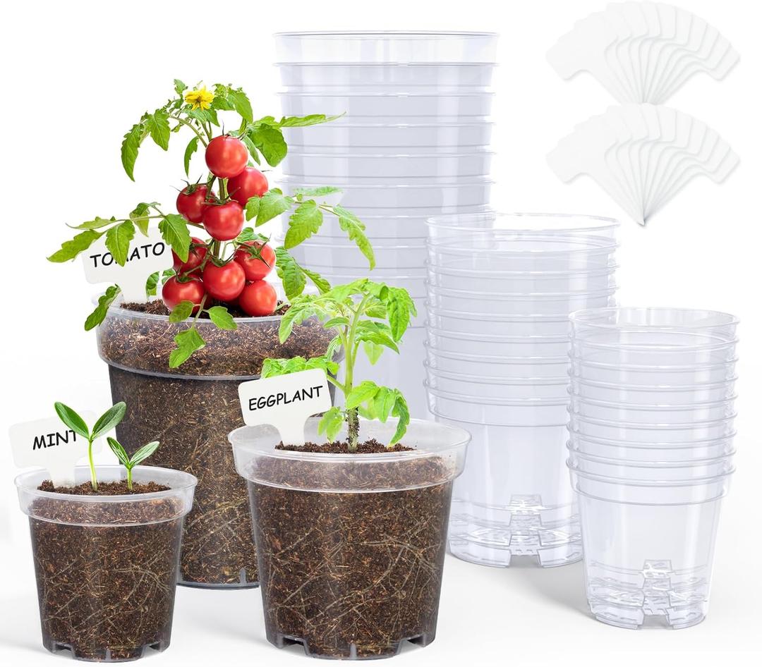 homenote Clear Nursery Pots for Plant,3/4/5 Inch Plant Pot for Planting Plastic Seedling with Drainage Holes Seed Starter Flower High Transparency 20 Labels Excellent Hardness(30 Pack) (3/4/5 Inch, Transparency-no Lid)
