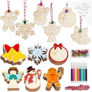 OurWarm 48pcs Wooden Christmas Ornaments, 6 Styles Unfinished Wood Slice Ornaments, DIY Christmas Ornaments Set with Bells, Colored Markers and Ropes, for DIY Craft Making and Christmas Tree Ornaments