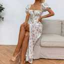 Women's Summer Puff Sleeve Floral Split Maxi Dress Flowy A Line Casual Beach Long Dresses 2026 (XL)