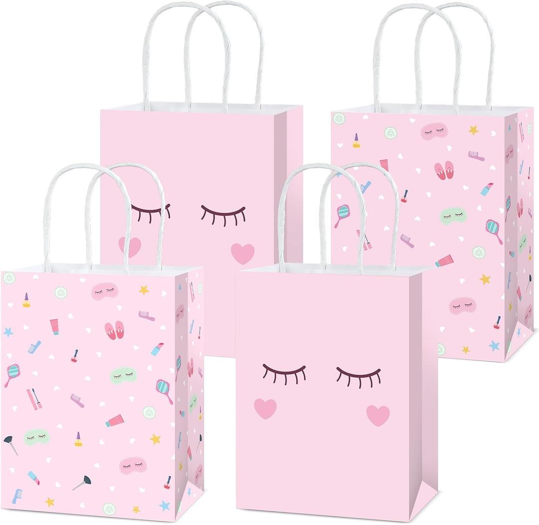 24 PCS Spa Themed Party Decorations Paper Bags Pink Spa Birthday Party Wrapping Gift Bags with Handles Goodie Candy Gift Paper Bag Favor Treat Bag for Makeup Birthday Slumber Parties Favor Supplies