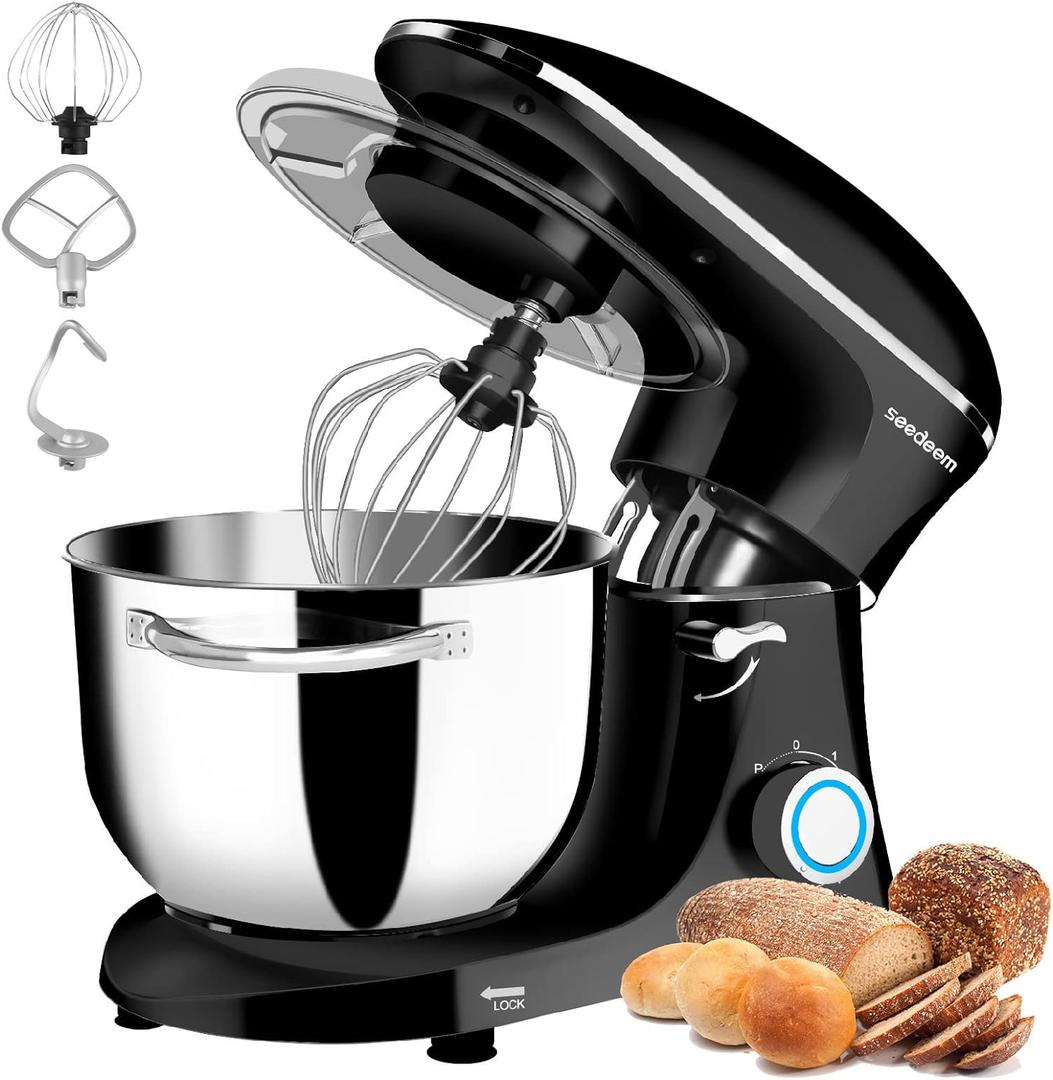 Seedeem Stand Mixer, 6Qt Electric Food Mixer, 660W 6-Speeds Tilt-Head Dough Mixers with Dishwasher-Safe Dough Hook, Wire Whip & Beater for Daily Use, Black (Large)
