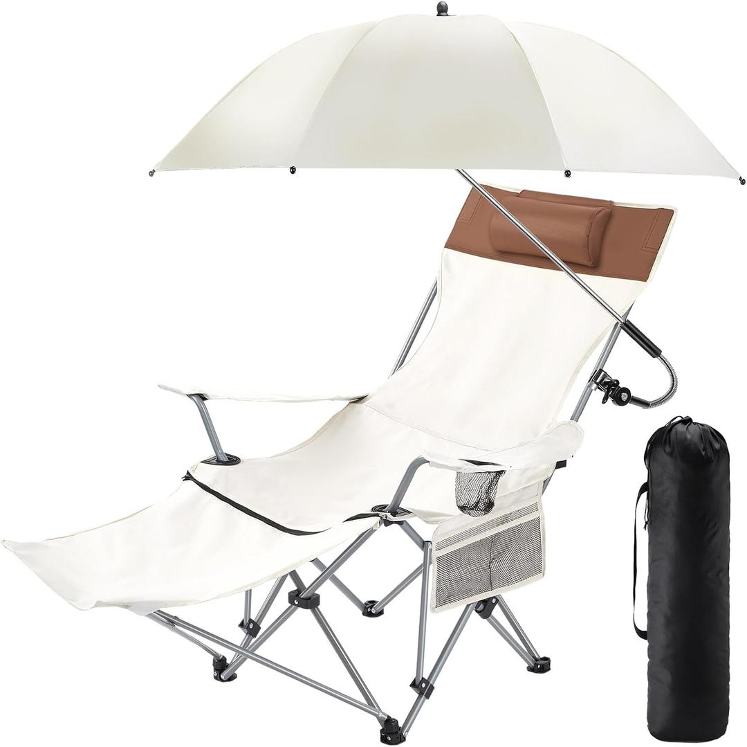 Yuntau Camping Chair with Umbrella Reclining Chair with Foot Rest with Universal Clamp UPF 50+ 360 Degree Adjustable Umbrella Portable Lightweight Foldable for Outdoor