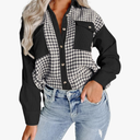 Dokotoo Womens Corduroy Color Block Button Down Shirts Casual V Neck Plaid Long Sleeve Oversized Blouses Tops Medium