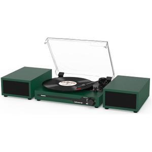 Vinyl Record Player with External Speakers BT 5.3 Wireless Turntable Portable with 3 Speed USB Vintage DarkGreen