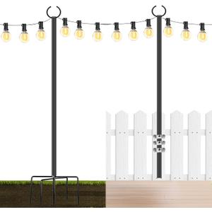 String Lights Poles Outdoor 10.3FT, 2 Pack 2 in 1 Upgraded Metal Light Poles for Hanging String Lights, Outside Lighting Stand with Hooks for Wedding, Parties, Deck, Garden, Fence Decor