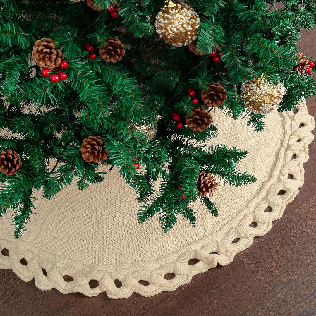Mr. Pen- Christmas Tree Skirt, 36", Cream Knitted Christmas Skirt Tree, Xmas Tree Skirt