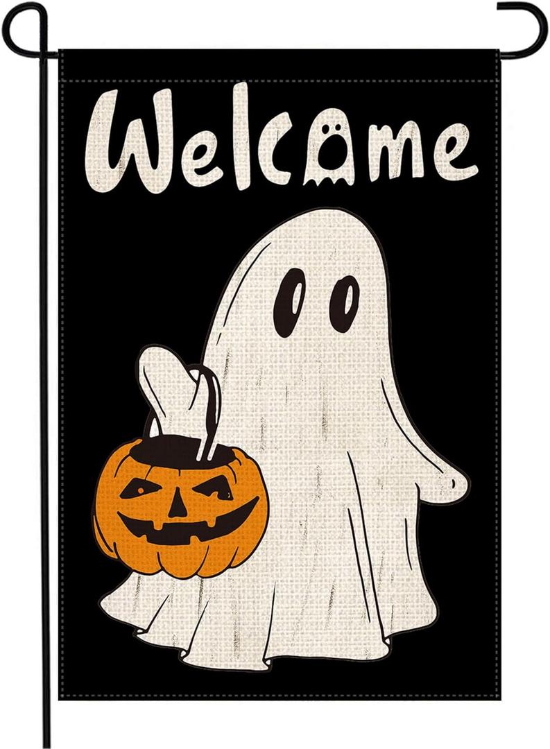 Doncida Halloween Garden Flag 12x18 Inch Double Sided Burlap Ghost Spooky Boo Halloween Pumpkin Small Yard Flag for Outside Decoration