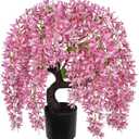 Artificial Flowers 18.5" Tall with Silk Wisteria Pink Flower Arrangement and Realistic Wood Fake Bonsai Tree Plants Faux Plants for Spring Home Bedroom Office Bathroom Coffee Table Centerpiece Decor