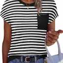 WIHOLL Short Sleeve Sweater for Women Crew Neck Trendy Summer Tops 2026 Travel Business Casual Spring Outfits with Pocket (Small, Striped Black White)