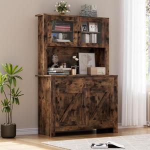 GarveeHome Kitchen Pantry Cabinet with Microwave Stand, Freestanding Hutch Cabinet with Buffet Cupboard, Tall Kitchen Cabinets with Adjustable Shelves for Dining Room, Brown, 41.3 inches x 17.3 inches x 63.4 inches