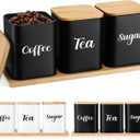 Tioncy Coffee Tea Sugar Container with Tray Set of 3 Airtight Metal Canister with Bamboo Lid Tray for Kitchen Counter Dining Room Farm House Kitchen Style Drink Station Organizer Set (Black)