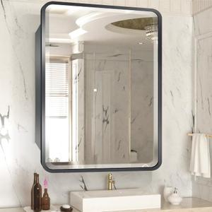 2028inch Medicine Cabinet,Mirror Cabinet with Beveled Mirror,Solf Close Hinge,Brushed Metal Framed,Detachable Side Plate for Recess Mount or Surface Mount,Black
