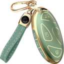Lucrum Compatible with Hyundai Key Fob Cover & Leather Keychain, Keyfob Case for Santa Fe, Sonata, Tucson, Grandeur, Ioniq 6, KONA, Elantra - For 7 Button Remote (2022-2025) - Green and Gold