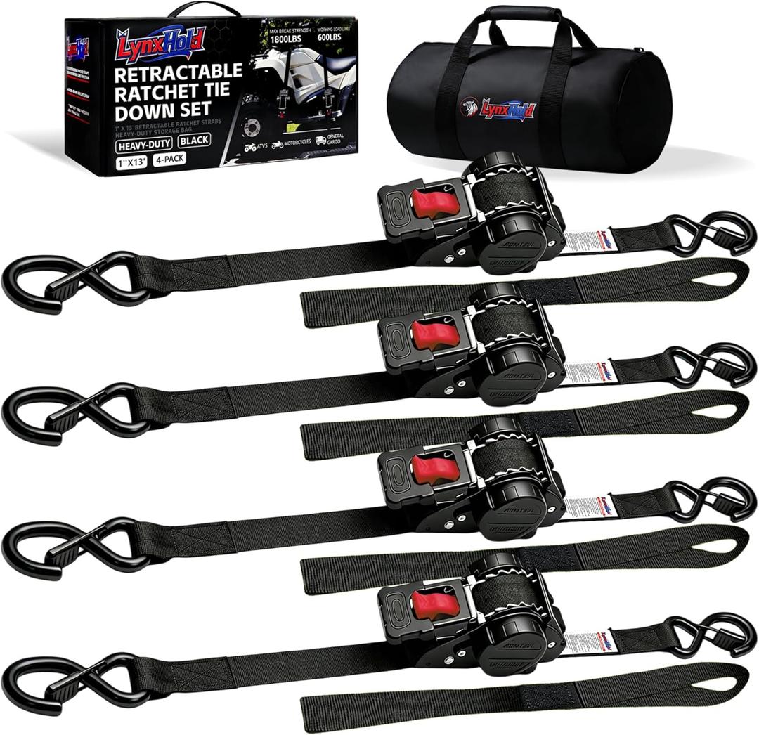 Retractable Ratchet Straps1In x 13Ft - Heavy Duty Auto Slow Retraction Tie Down Straps - 1,800lb Break Strength Self Retracting for Truck, Cargo Trailer, Motorcycle, ATV, UTV - Black, 4Pack