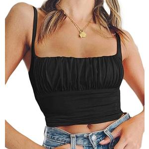 Women Crop Tank Top Sexy Square V Neck Double Lined Ruched Corset Cute Cropped Sleeveless Cami Summer Outfit Going Out Top, Size: L Women Crop Tank Top Sexy Square V Neck Double Lined Ruched Corset Cute Cropped Sleeveless Cami Summer Outfit Going Out Top, Size: L