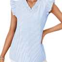 Rooscier Women's Striped Ruffle Cap Sleeve V Neck Casual Office Work Blouse Top Shirt (Blue, XL)