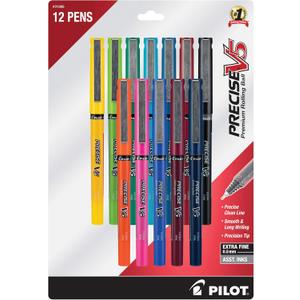 Pilot, Precise V5, Capped Liquid Ink Rolling Ball Pens, Extra Fine Point 0.5 mm, Assorted Colors, Pack of 12