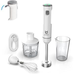 Cordless Hand Blender, UTALENT Variable Speed Immersion Blender Rechargeable, with 500ml Chopper, 600ml container, Egg Whisk, for Smoothies, Baby Food and Soups  White