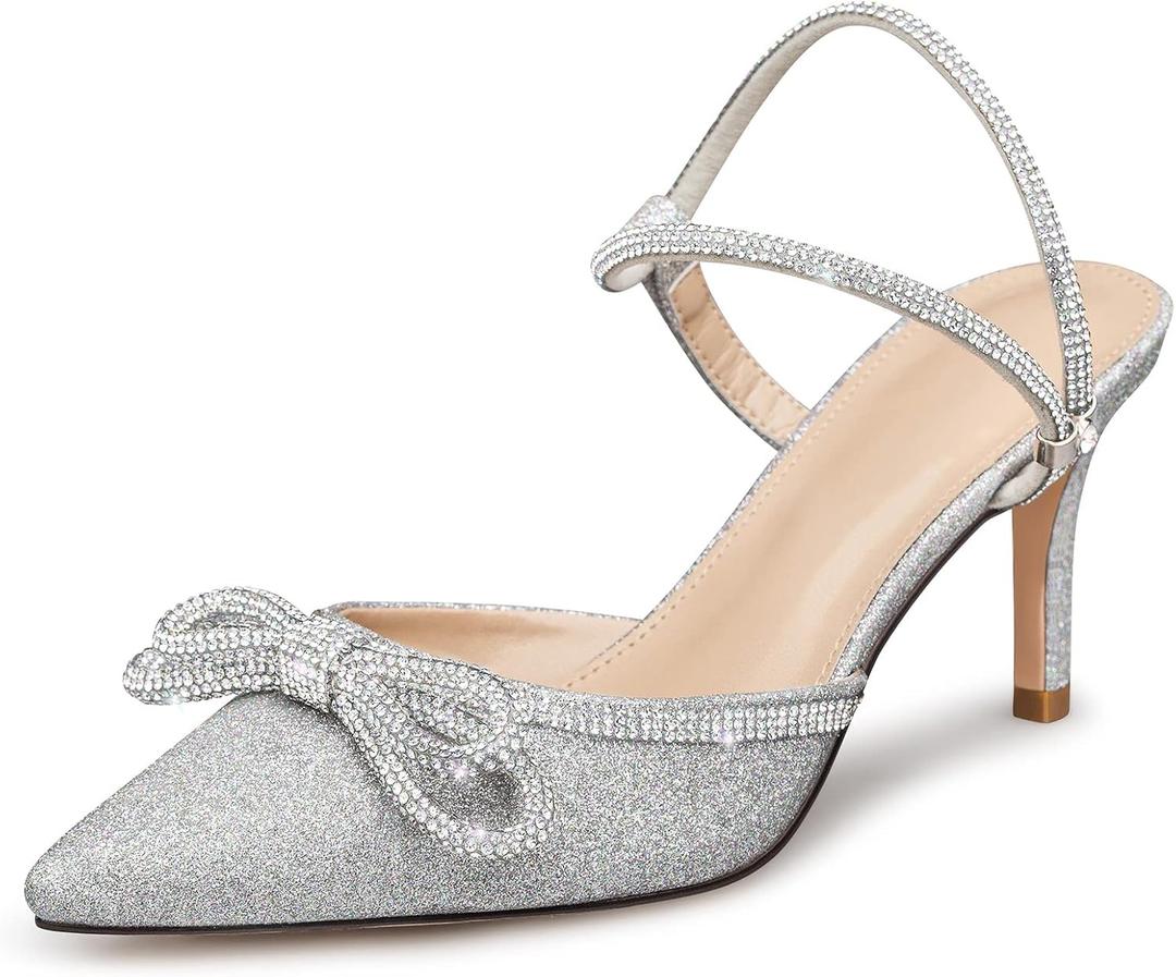 Susanny Women's Closed Toe Rhinstone Wedding Low Heel Slingback Clear Kitten Heels,Adjustable Strap Pointed Toe Bow Pumps High Heeled Prom Dress Shoes (10)