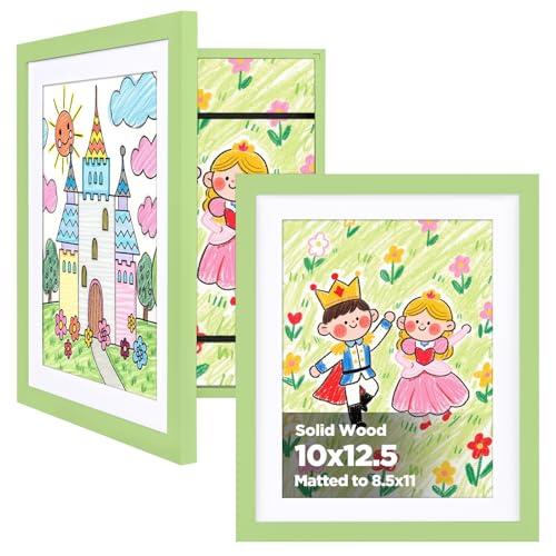 KINLINK 10x12.5 Kids Art Frame Set of 2, Solid Wood Kids Artwork Frames Changeable with Front Opening Hold 150 Pictures, Art Frames for Kids Art with Mat，without Mat 10x12.5 Picture Frame Light Green