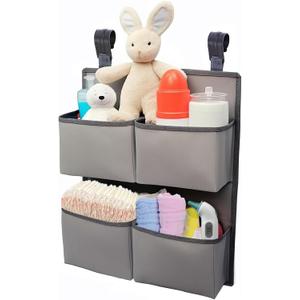 Hanging Diaper Organizer for Crib/Playpen/Bassinet Hold 80+ Diapers - 4 Deep Pockets-H19in x L15 in Changing Table Diaper Holder - Hanging Diaper Storage Stacker Nursery Caddy - Gray