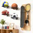 Basketball Holder Wall Mount with Wooden Base, MYKASEN Ball Storage Holder Display Rack for Basketball Soccer Volleyball, Boys Sports Accessories Organizer for Player Fans Room Decor