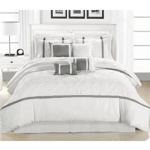 Chic Home White Bed in a Bag Comforter Set, King Size (8 Piece), Vermont - Pinch Pleat Microfiber Bedding - Comforter, Shams, Bed Skirt, Cushions and Breakfast Pillow