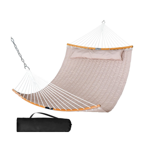 SUNCREAT 13.8 FT Hammocks Quilted Fabric Double Hammock with Detachable Curved Bamboo Spreader Bar and Soft Pillow, Max 450 lbs Capacity, Tan (74.8"L x 55.1"W)