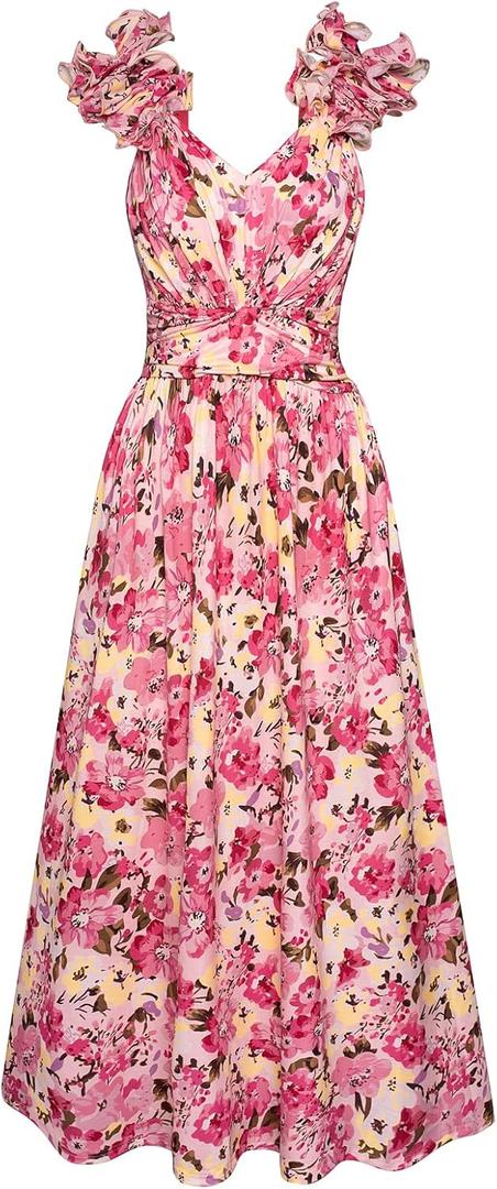 GRACE KARIN 2025 Women's Summer Floral Print Dress Sleeveless Casual Flowy Sundress A Line Ruffle Wedding Guest Outfit (Medium, Pink Yellow Floral)