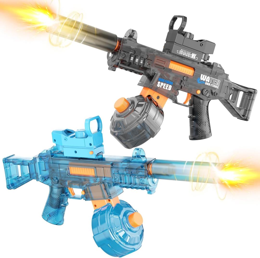 2 Pack Electric Water Guns for Adults & Kids, Automatic Squirt Guns with 32Ft Long Range, 300 Water Shots, LED Light, Summer Outdoor Swimming Pool Water Toys, Gray and Blue