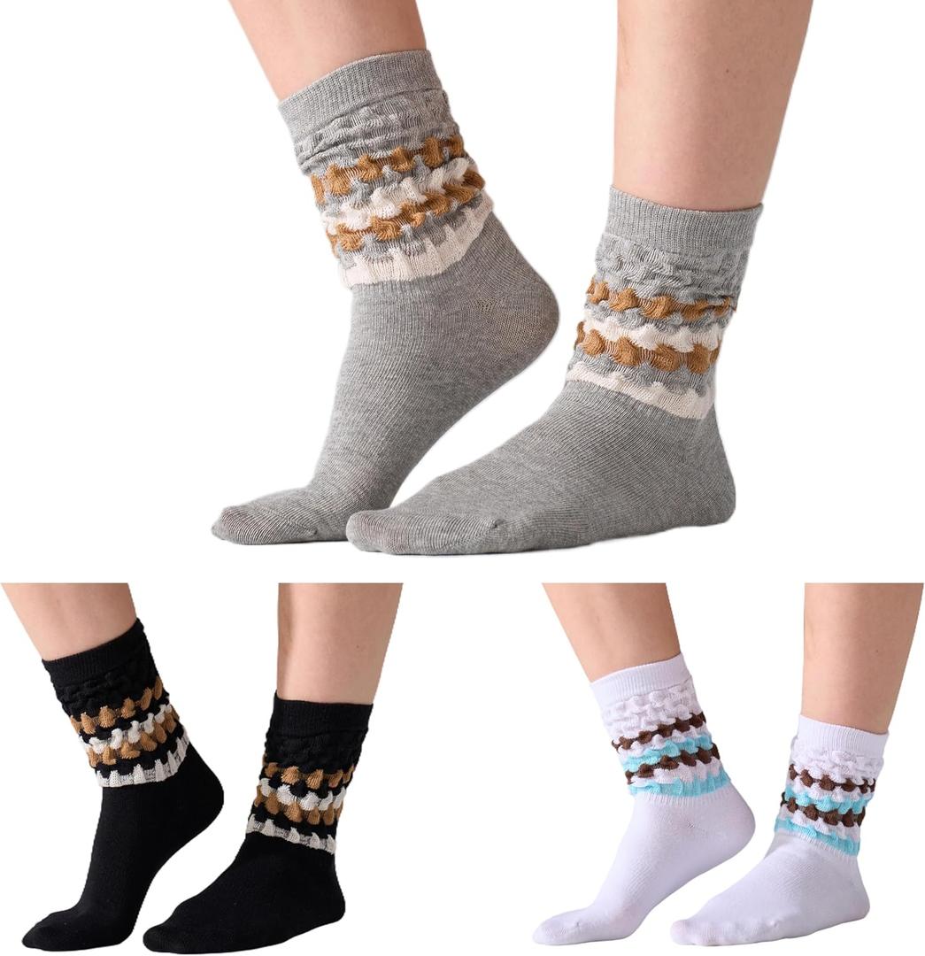 Women's Slouchy Socks Soft Casual Calf Socks Retro Scrunch Crew Socks 3/4 Pairs (Black&white&grey) S